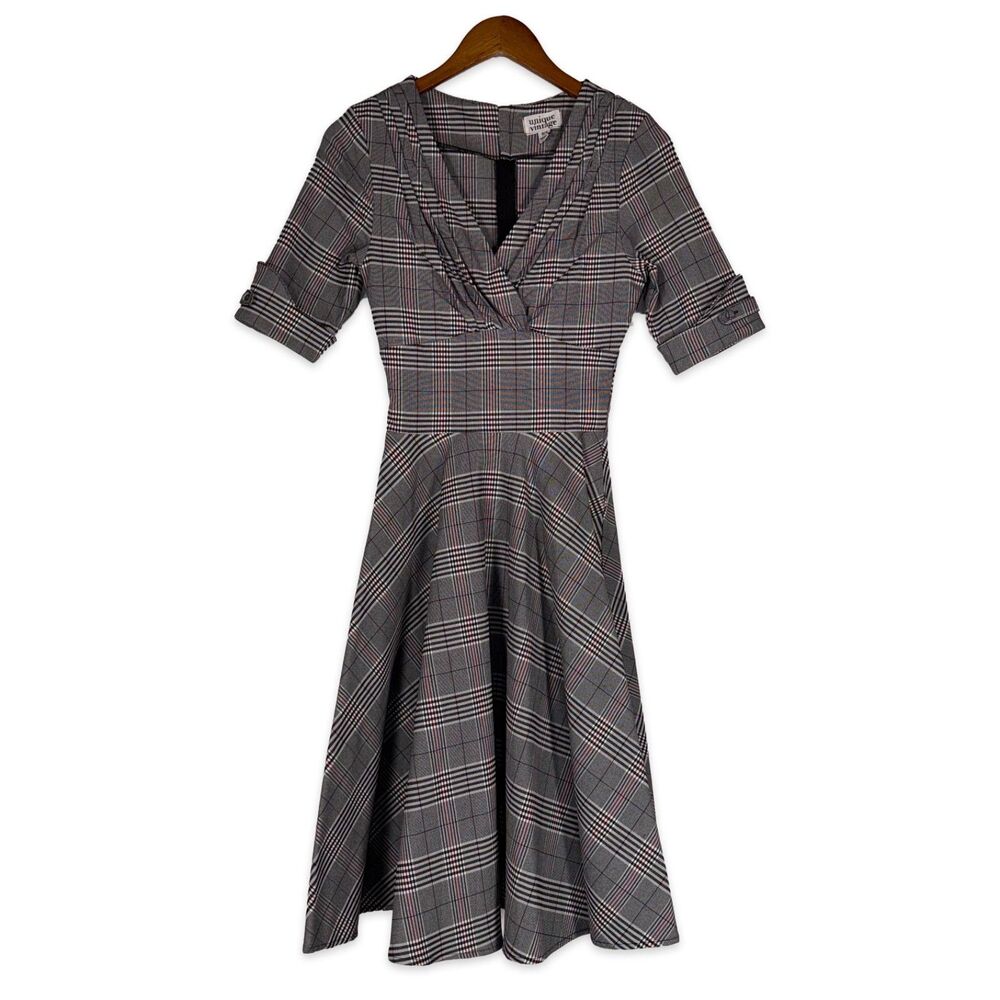 Unique Vintage Plaid Fit Flare Midi Dress Academia Stretch Retro Size S 4